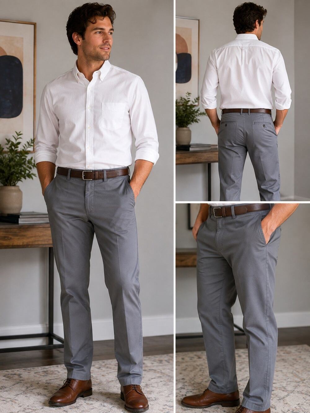 Van Heusen Men’s Gray Cotton Twill Chino Pants Straight Regular Fit 34W
